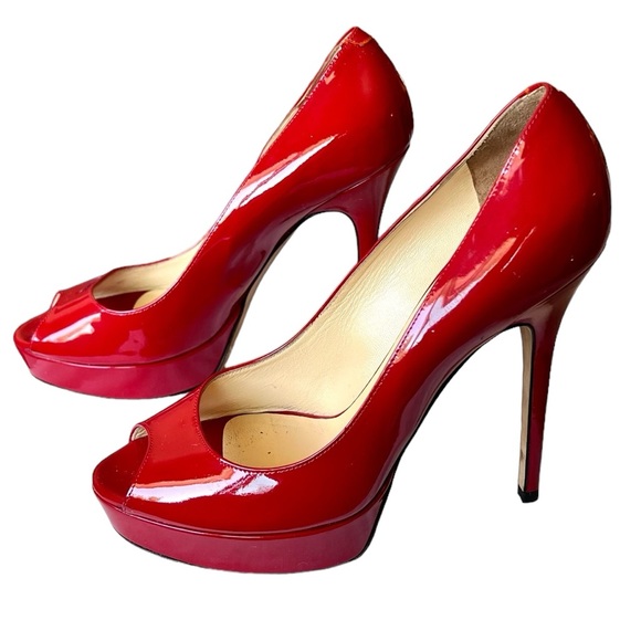 Jimmy Choo London Red Patent Leather Peep Toe Pumps 5” Spike Heels Size 38.5 EU - Picture 7 of 11